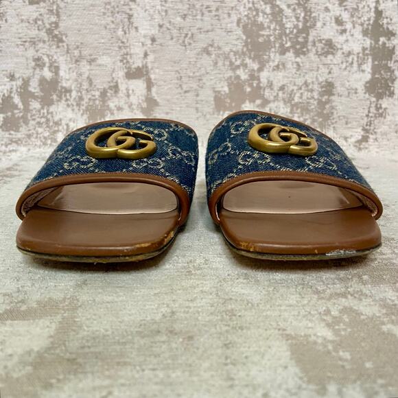 Gucci Jolie Double G Denim Logo & Cognac Leather Slides - Picture 7 of 13